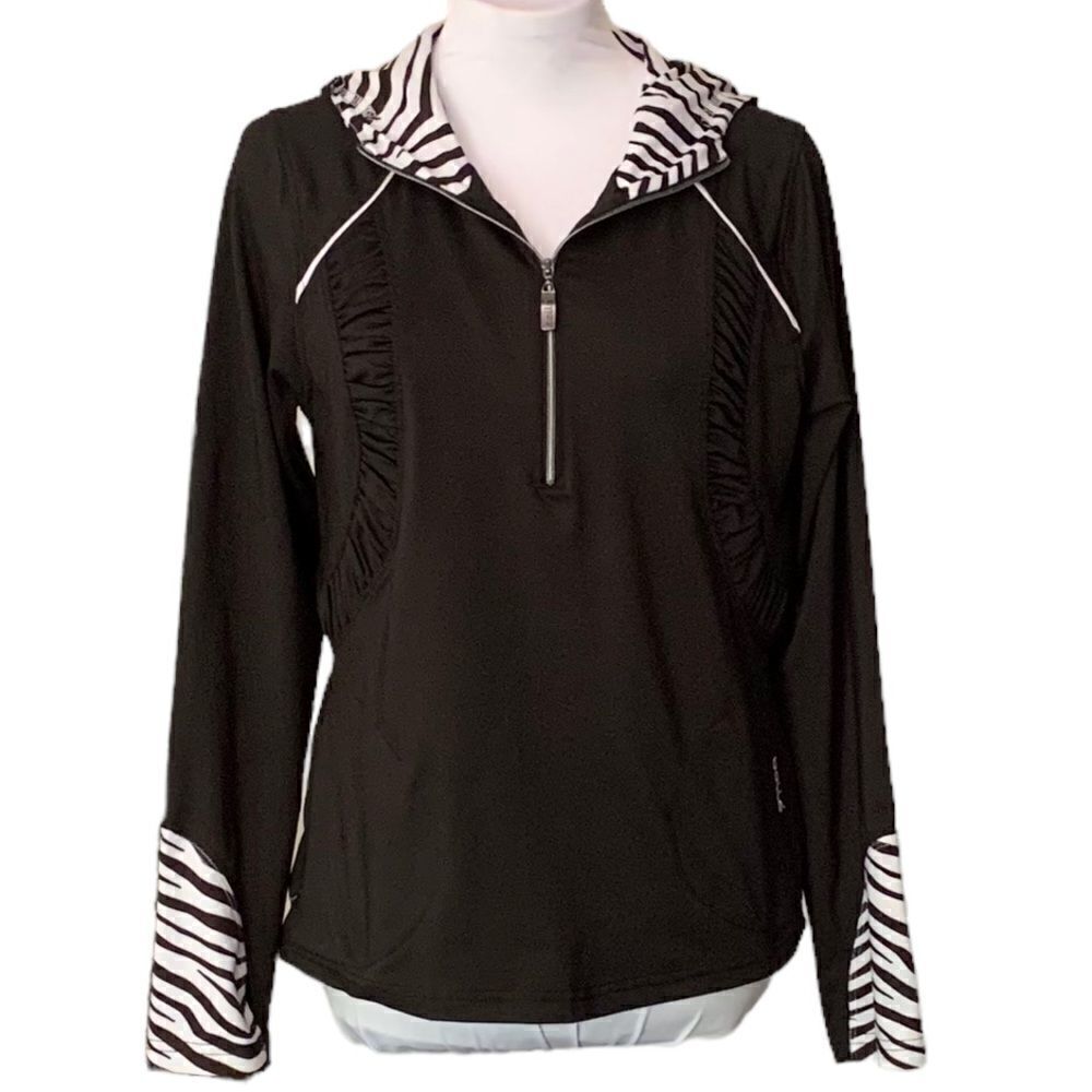 Bolle Black Zebra Accent Hooded Tennis Golf Zip Up Hooded Jacket Sz S